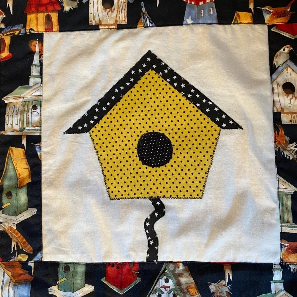 Birdhouses applique quilt wall‎ art embroidered polka dot floral 37x25